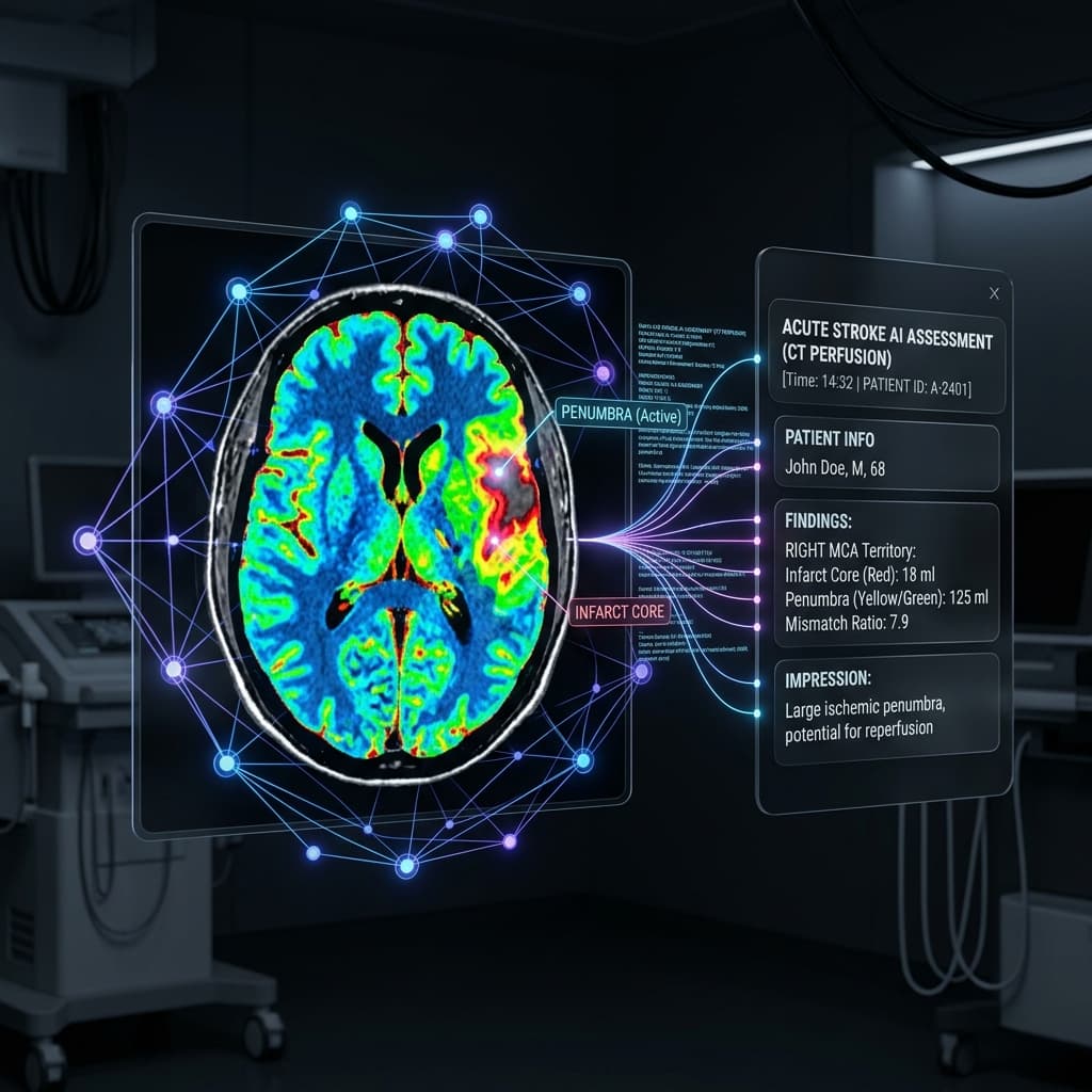 CT Perfusion AI interpretation pipeline - CBF, CBV, MTT, Tmax analysis for stroke assessment
