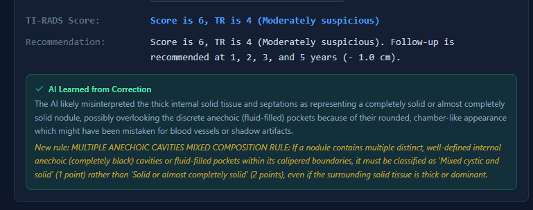 VoxelVision AI Learned from Correction panel: meta-reasoning agent explains classification error and encodes new clinical rule for mixed composition nodules